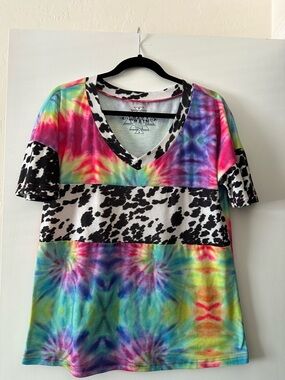 Crazy Train Multicolor Tie-Dye V-Neck Tee with Black & White Cow Stripe